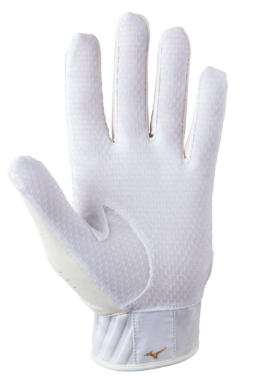 The palm of the Mizuno MVP Youth Baseball Batting Glove in colours white and gold.