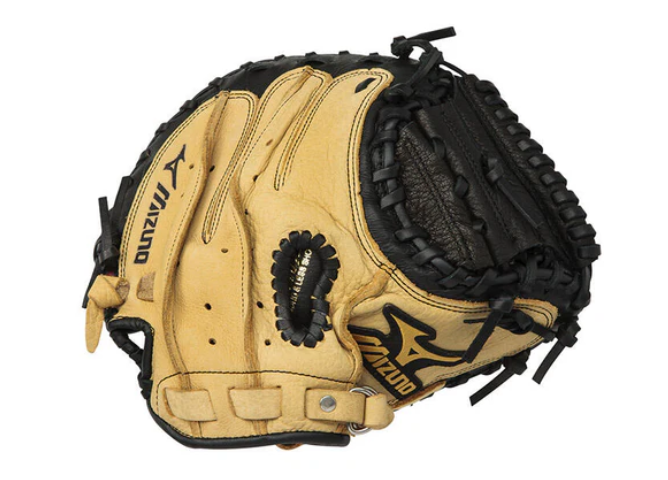 A photo of the 7
Mizuno Prospect Series 32.5" Youth Baseball Catcher's Mitt. Back of the RG glove in tan and black.
