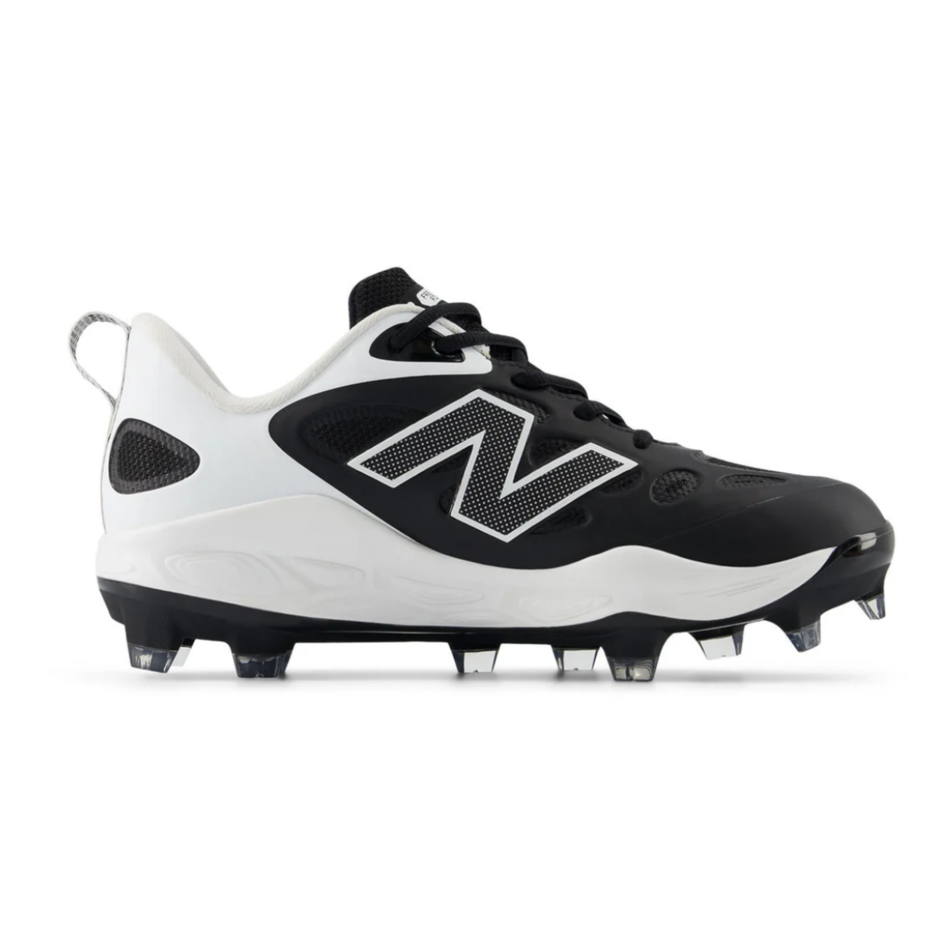 A photo of the New Balance Fresh Foam Velo V4 Women's Molded Baseball Cleats in colour black and white.