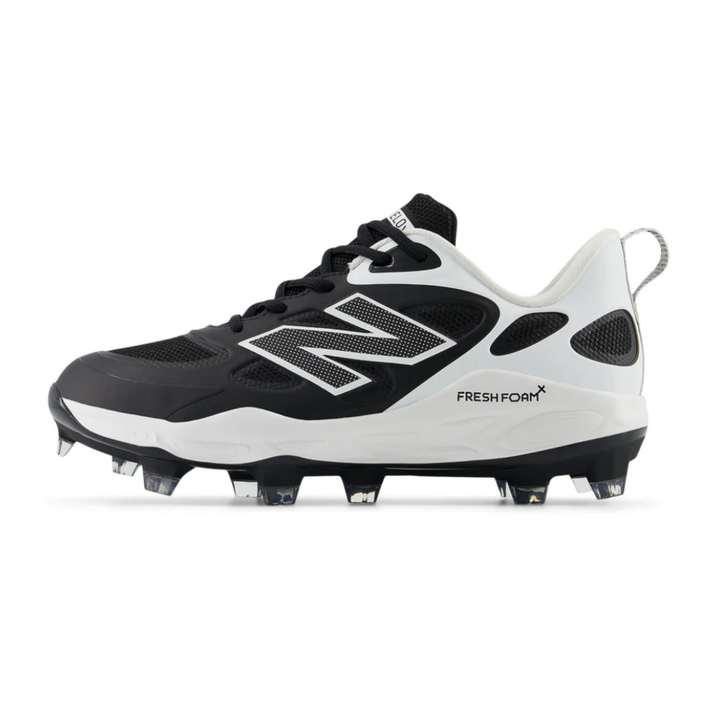 A photo of the New Balance Fresh Foam Velo V4 Women's Molded Baseball Cleats in colour black and white.