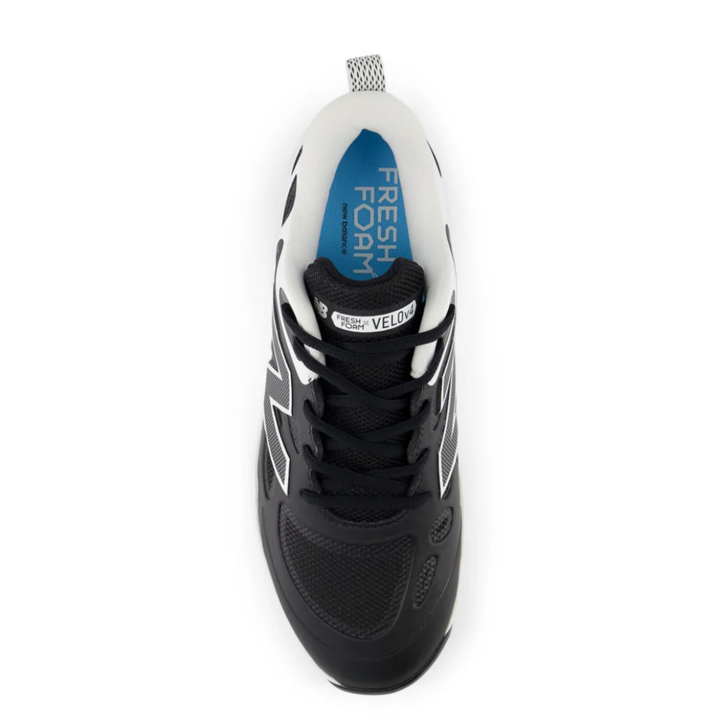 A photo of the New Balance Fresh Foam Velo V4 Women's Molded Baseball Cleats in colour black and white.
