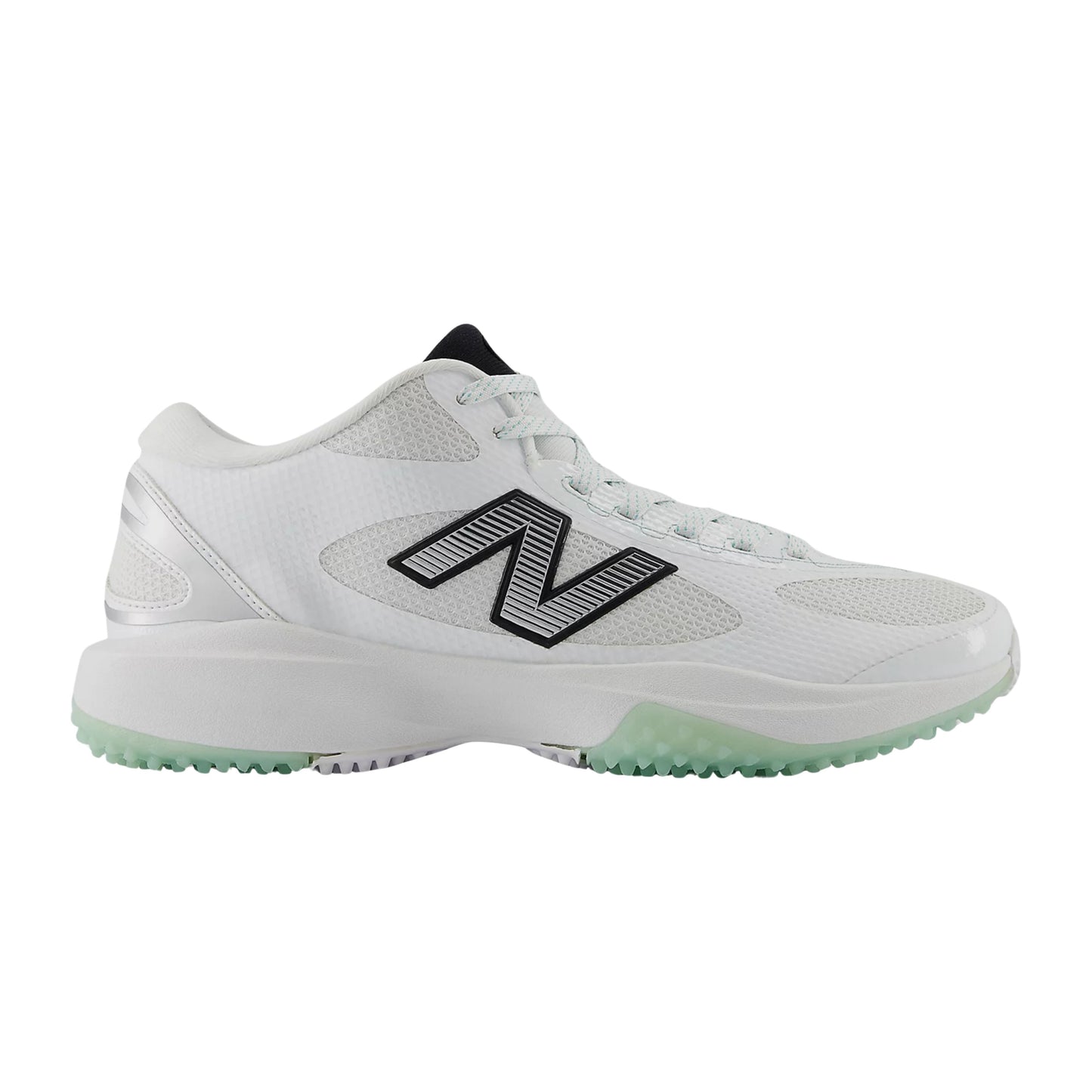 A photo of the New Balance Men's FreezeLX V5 Turf Lacrosse Cleats in colour white, black and green.