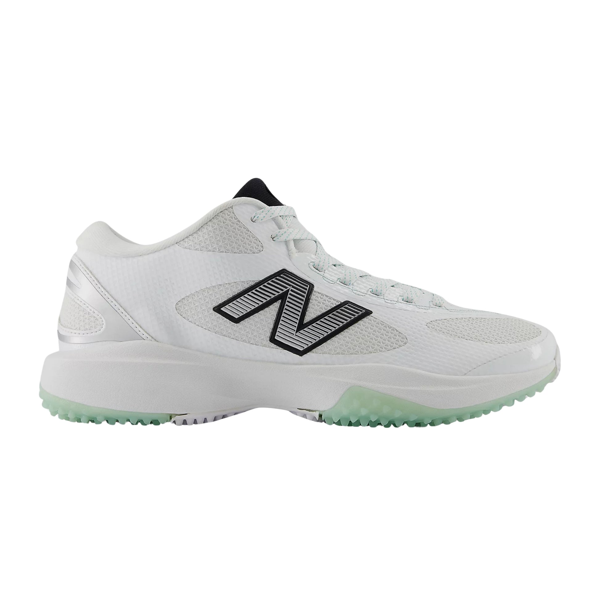 A photo of the New Balance Men's FreezeLX V5 Turf Lacrosse Cleats in colour white, black and green.