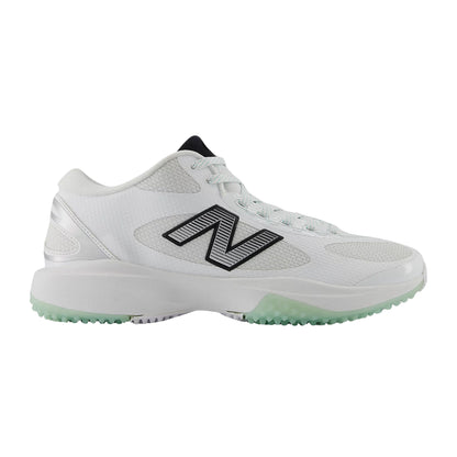 A photo of the New Balance Men's FreezeLX V5 Turf Lacrosse Cleats in colour white, black and green.