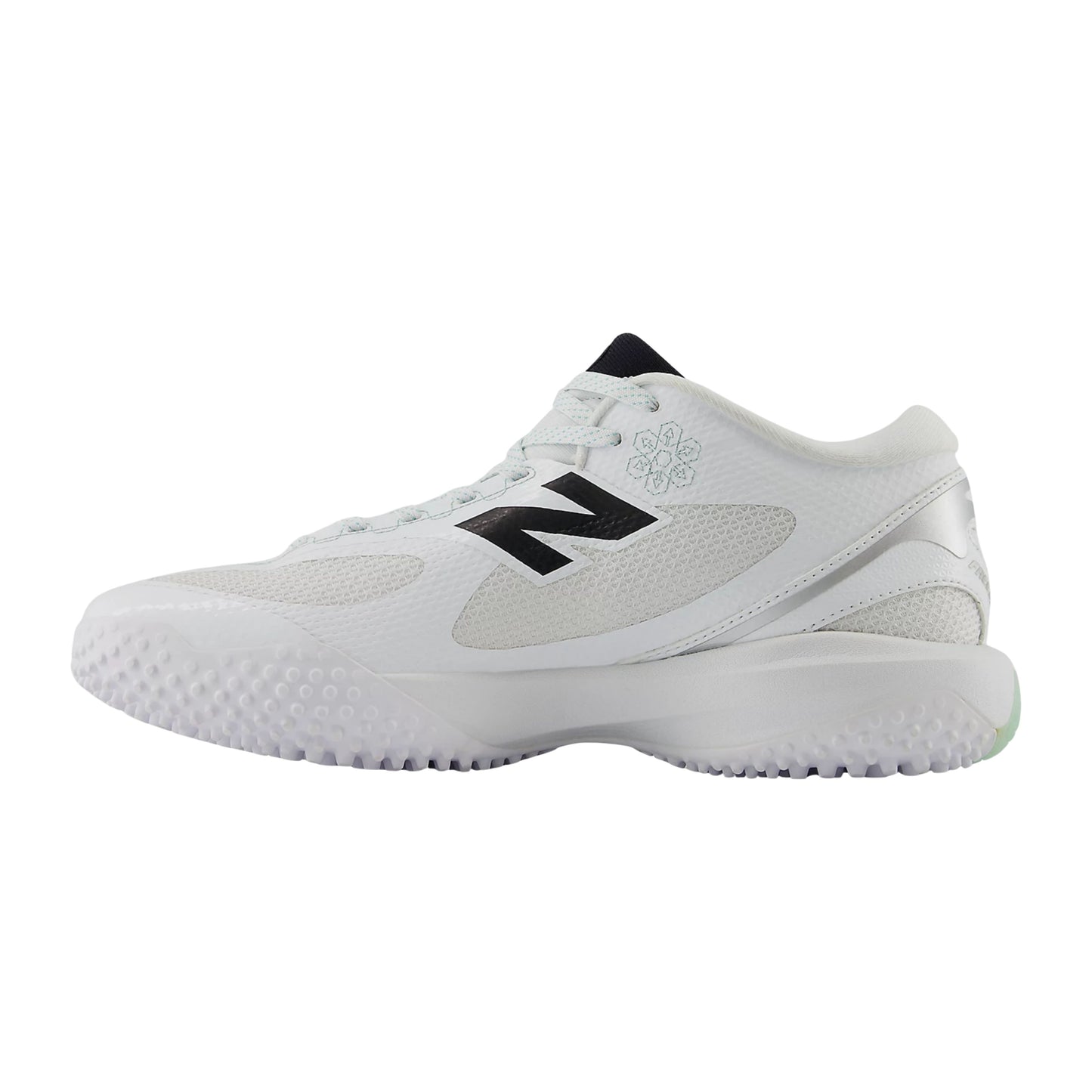 A photo of the New Balance Men's FreezeLX V5 Turf Lacrosse Cleats in colour white, black and green.