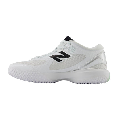 A photo of the New Balance Men's FreezeLX V5 Turf Lacrosse Cleats in colour white, black and green.