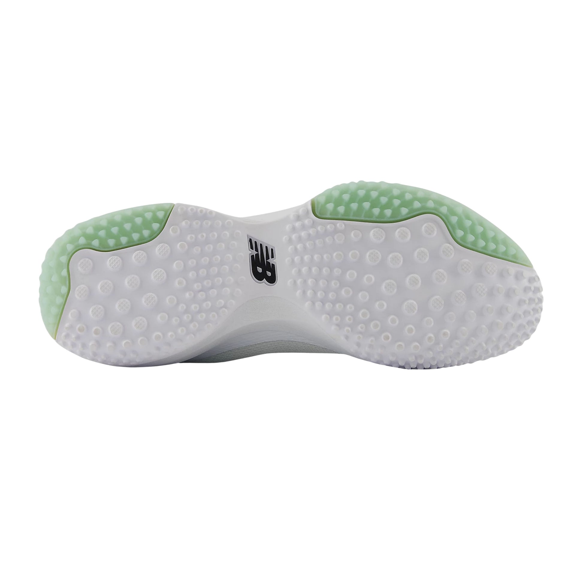 A photo of the New Balance Men's FreezeLX V5 Turf Lacrosse Cleats in colour white, black and green.