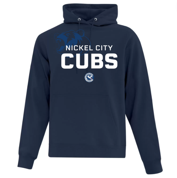 Long sleeve navy hoodie. Nickel City Cubs logo in white and royal blue.