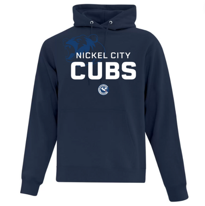 Long sleeve navy hoodie. Nickel City Cubs logo in white and royal blue.