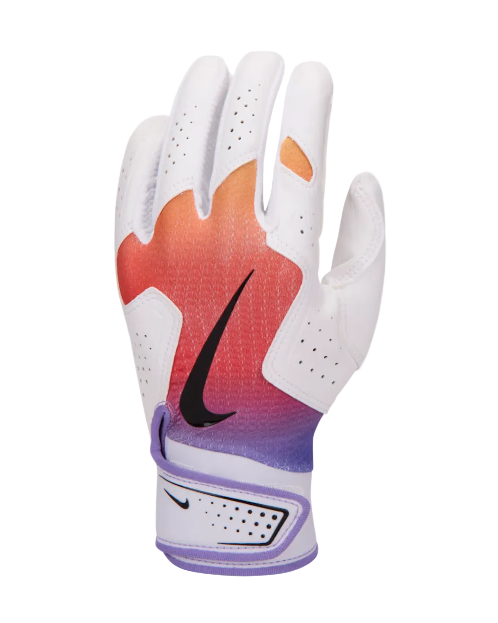 A photo of the Nike Alpha 2.0 Kids' Baseball Batting Glove in colour white and orange and purple.