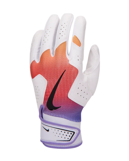 A photo of the Nike Alpha 2.0 Kids' Baseball Batting Glove in colour white and orange and purple.