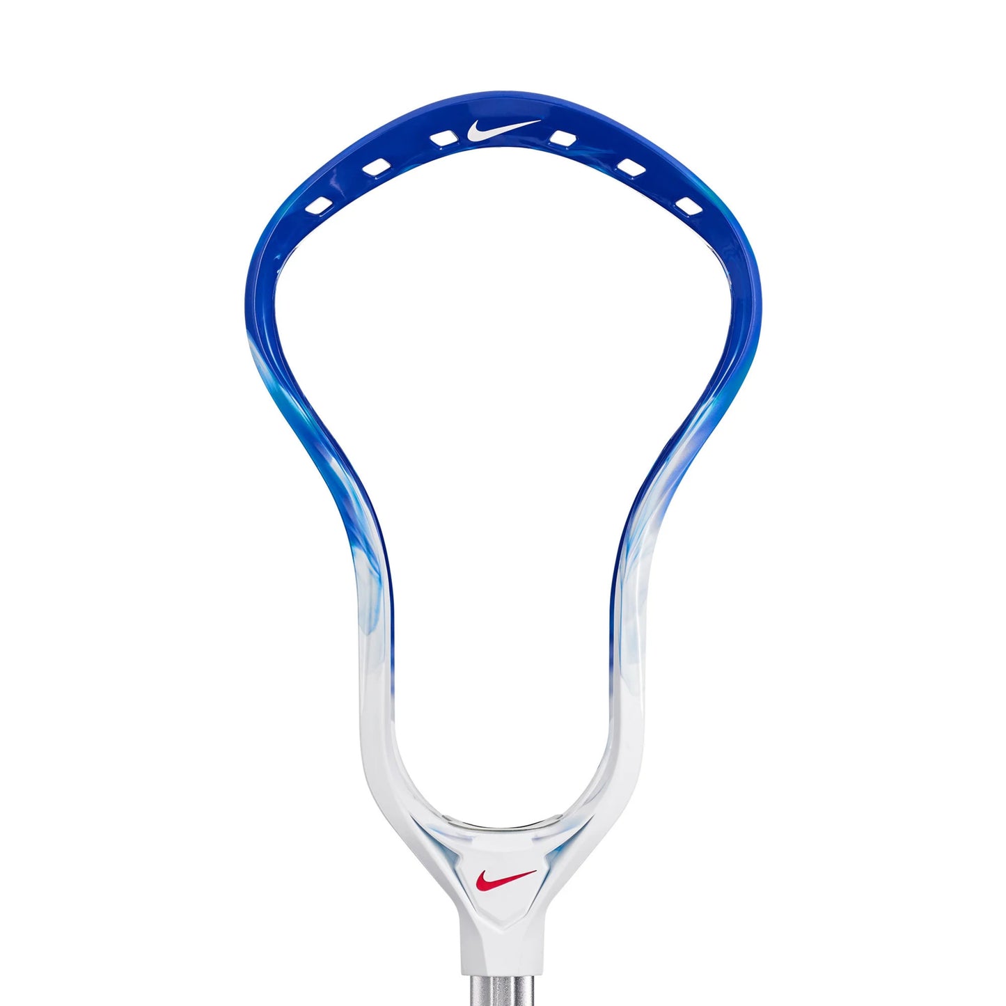 A photo of the Nike L4 Unstrung Lacrosse Head in colour white and royal blue.