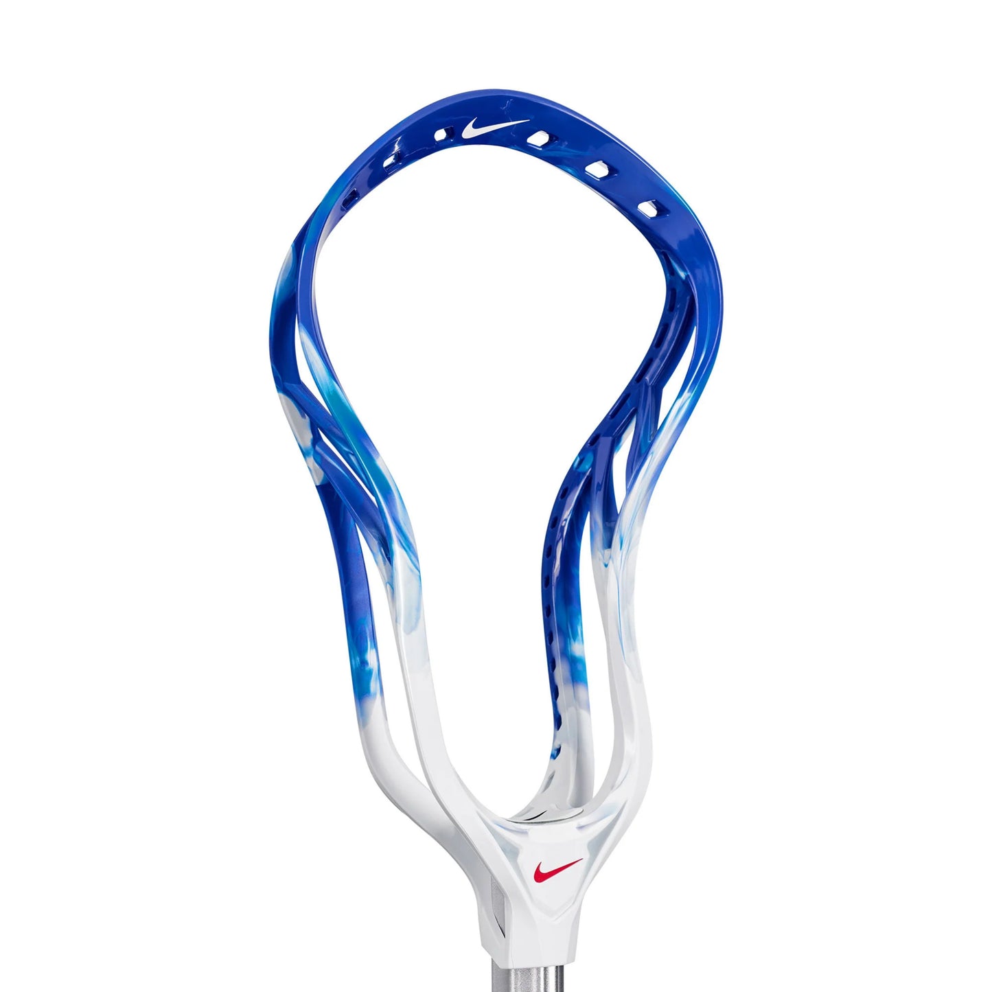 A photo of the Nike L4 Unstrung Lacrosse Head in colour white and royal blue.