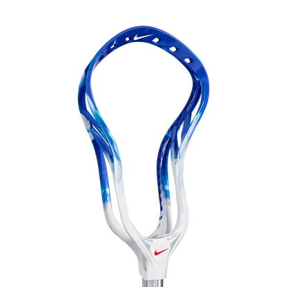 A photo of the Nike L4 Unstrung Lacrosse Head in colour white and royal blue.