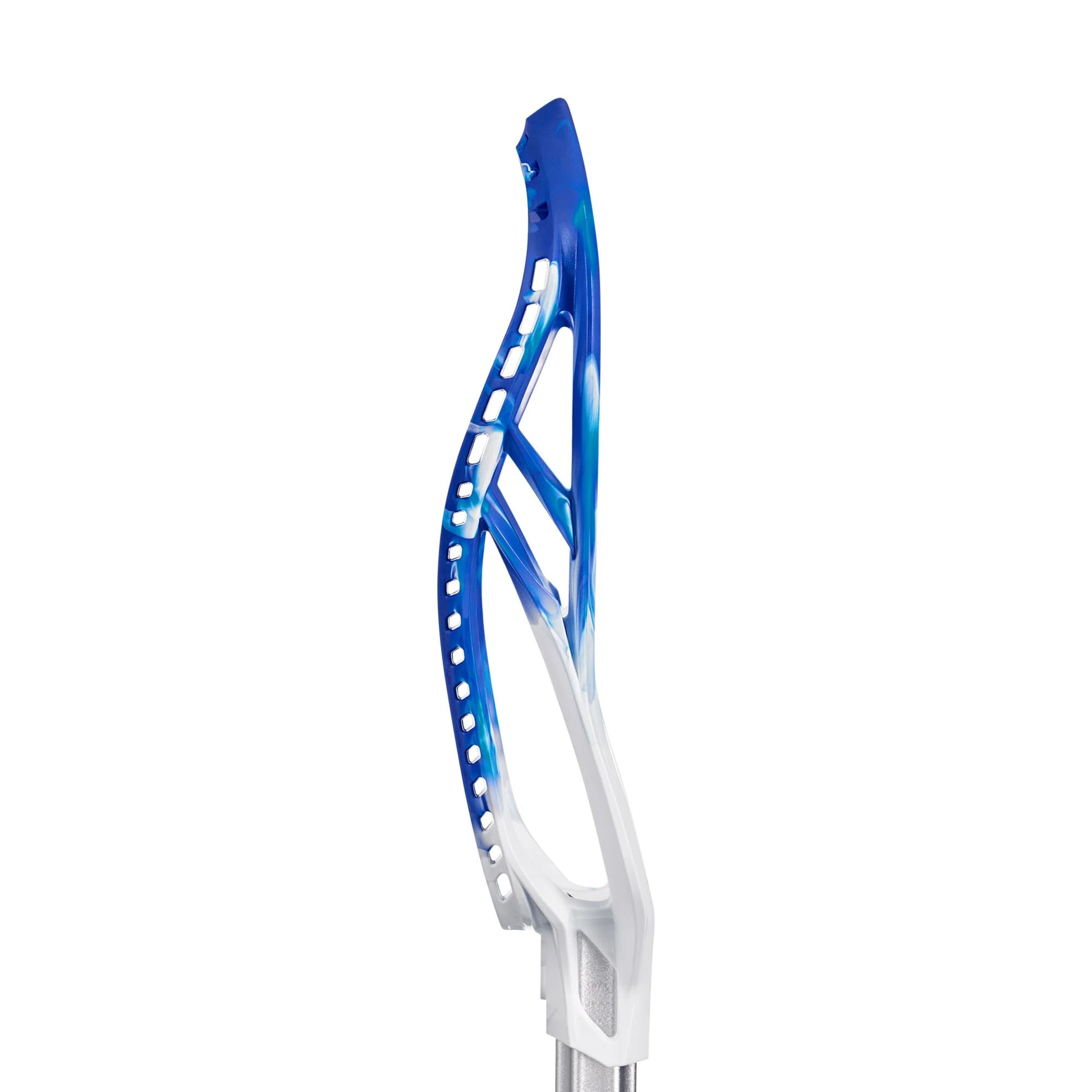 A photo of the Nike L4 Unstrung Lacrosse Head in colour white and royal blue.