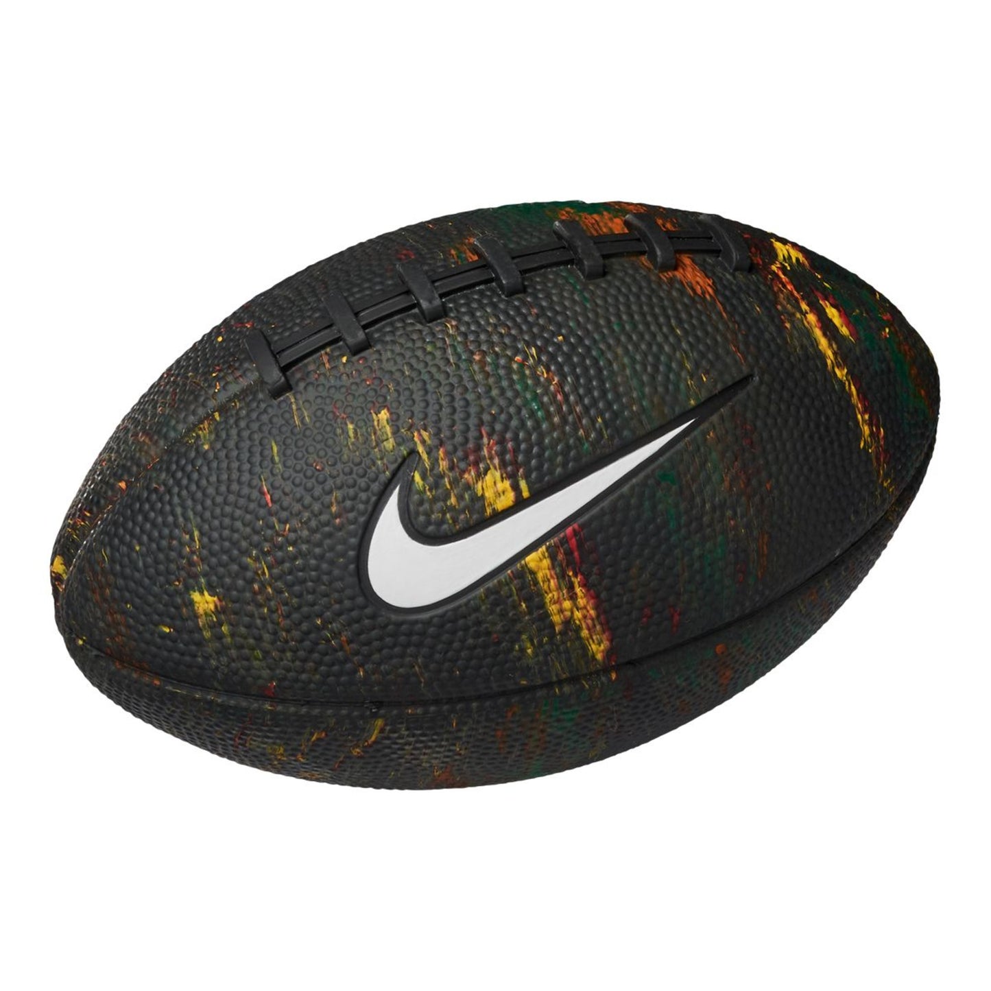 A photo of the Nike Next Nature Playground Football. It is in the colour black, with yellow, orange, red and green paint splatters.