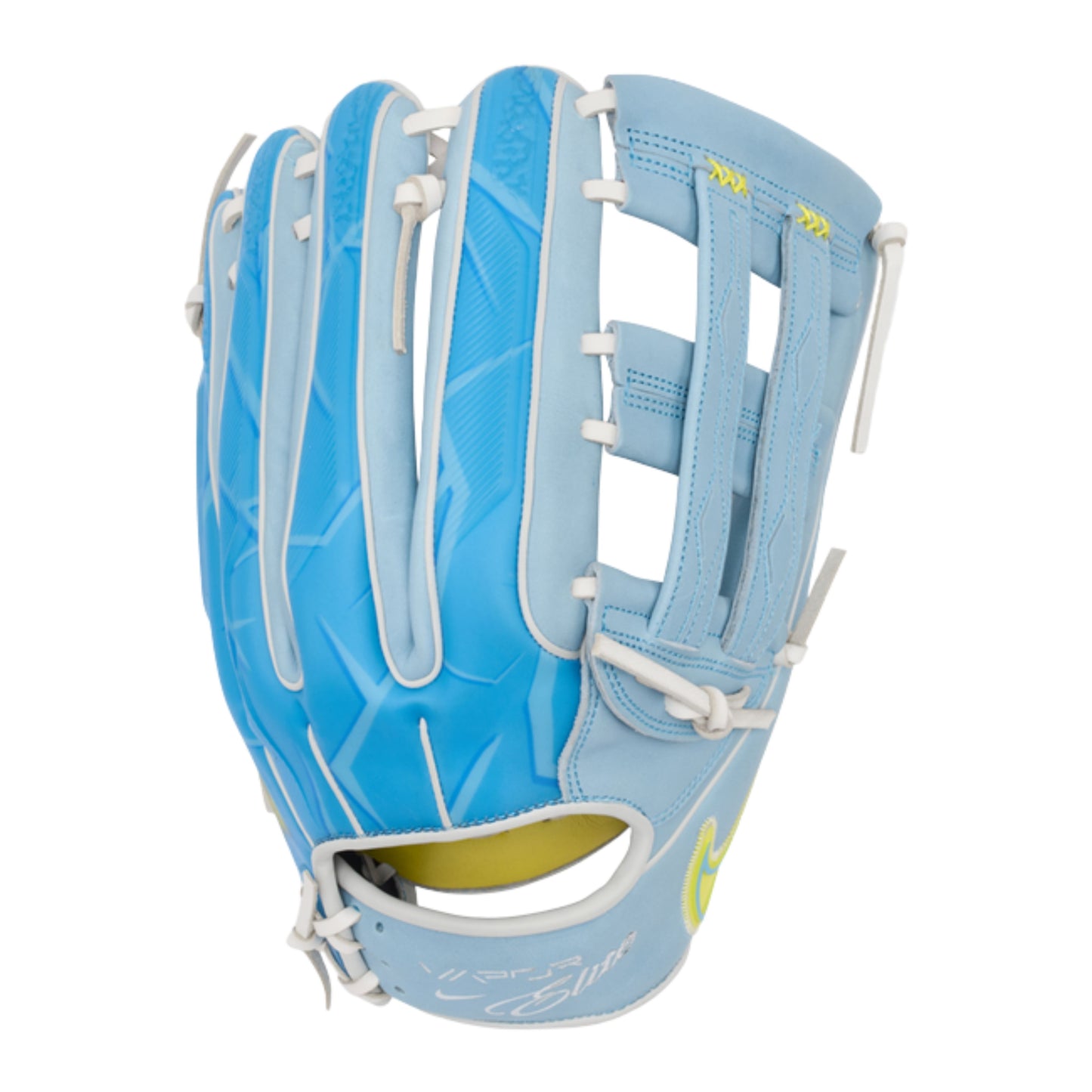 A photo of the Nike Vapor Elite Acuna H-web 12.75" Adult Baseball Gloves in colour blue and white.