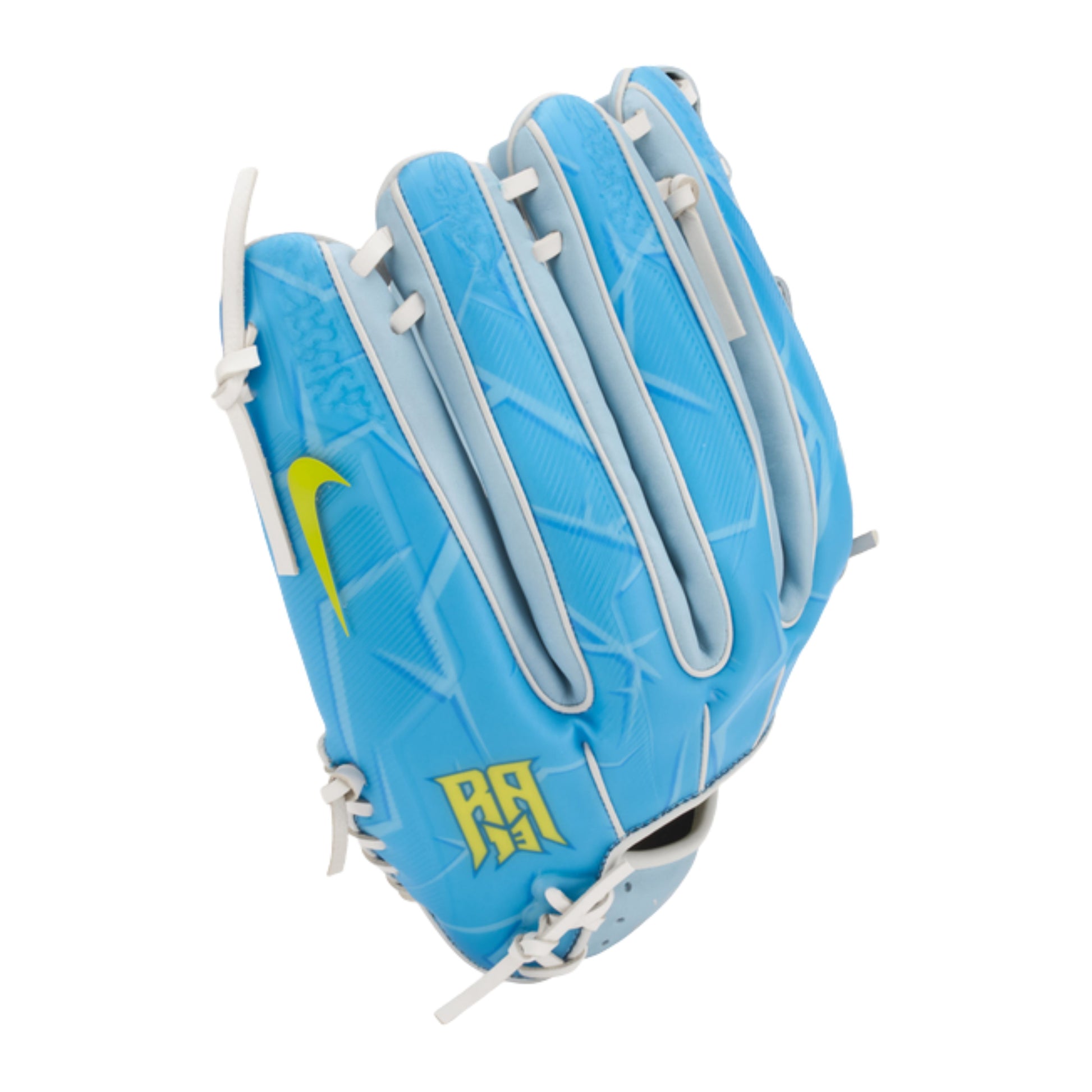 A photo of the Nike Vapor Elite Acuna H-web 12.75" Adult Baseball Gloves in colour blue and white.