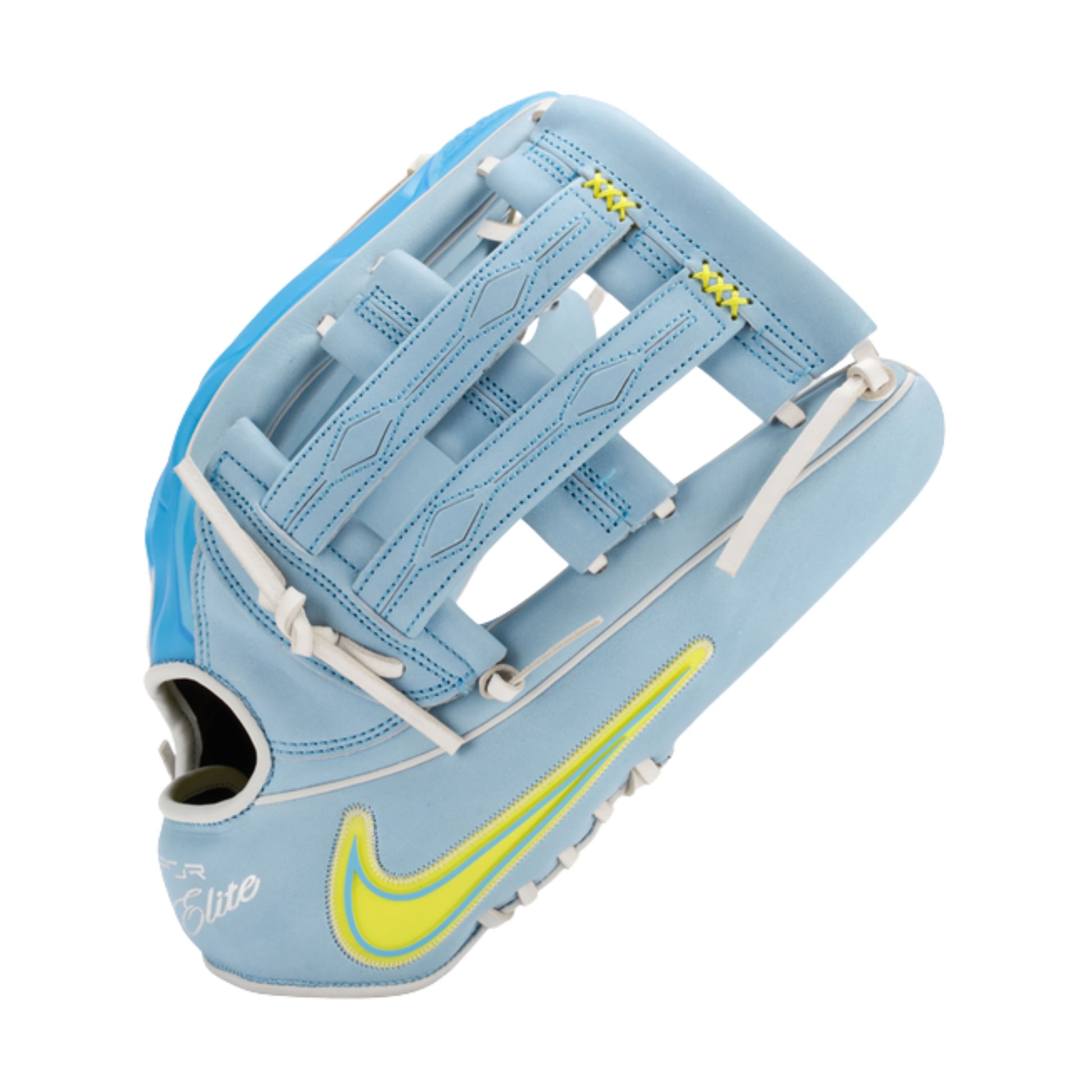 A photo of the Nike Vapor Elite Acuna H-web 12.75" Adult Baseball Gloves in colour blue and white.