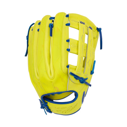 A photo of the Nike Vapor Elite Acuna H-web 12.75" Adult Baseball Gloves in colour yellow and blue.