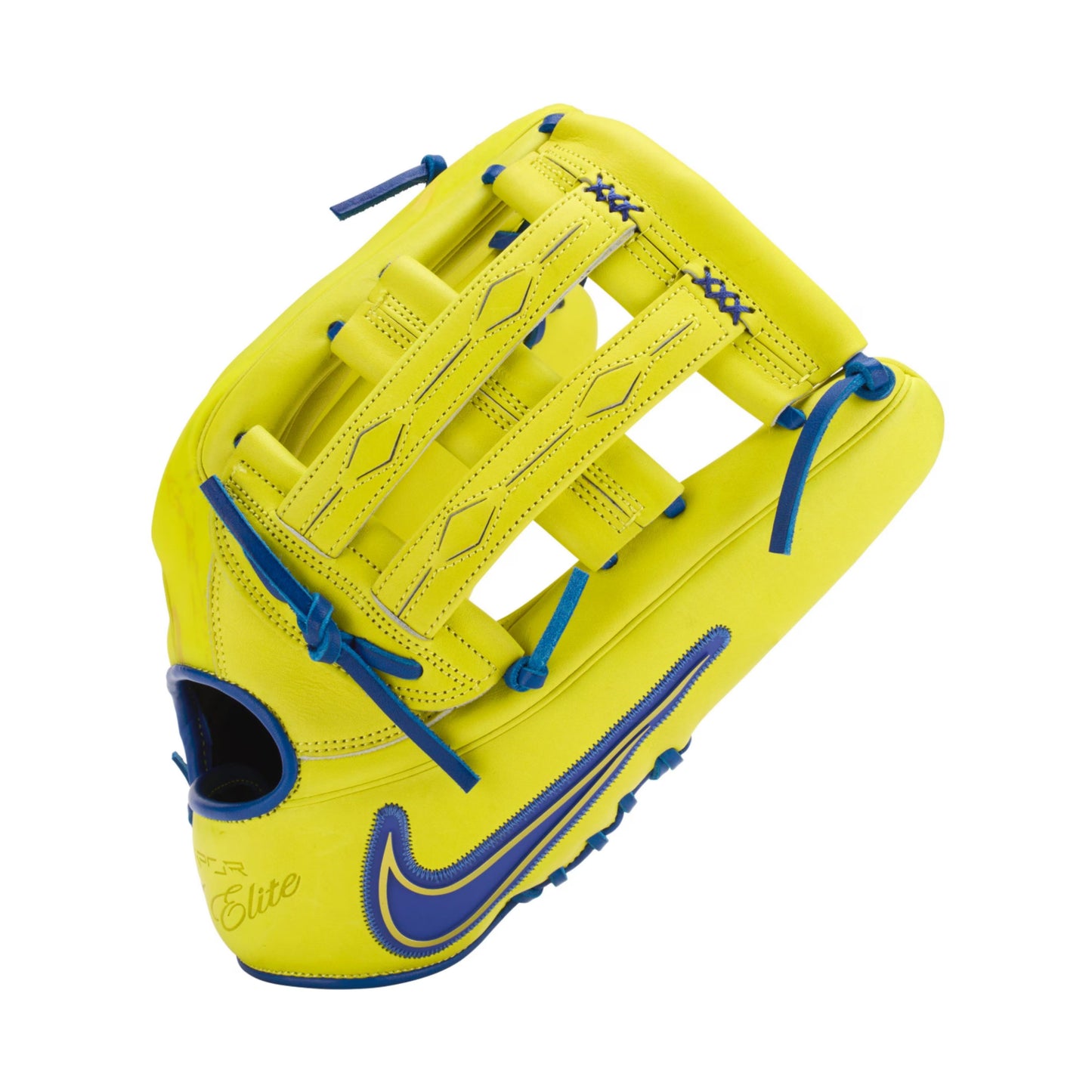 A photo of the Nike Vapor Elite Acuna H-web 12.75" Adult Baseball Gloves in colour yellow and blue.
