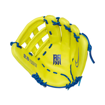 A photo of the Nike Vapor Elite Acuna H-web 12.75" Adult Baseball Gloves in colour yellow and blue.