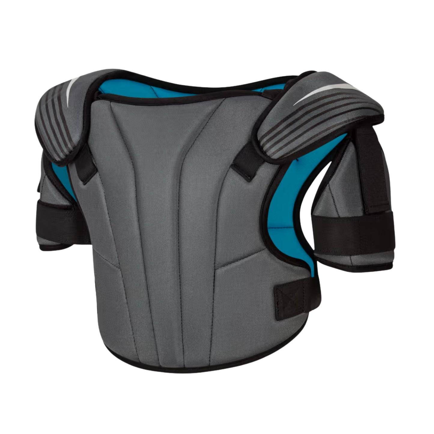 A photo of the Nike Vapor LT Lacrosse Shoulder Pads in colour grey and black with a blue inside.