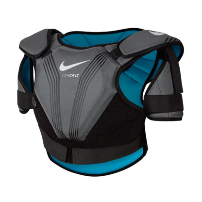 A photo of the Nike Vapor LT Lacrosse Shoulder Pads in colour grey and black with a blue inside.