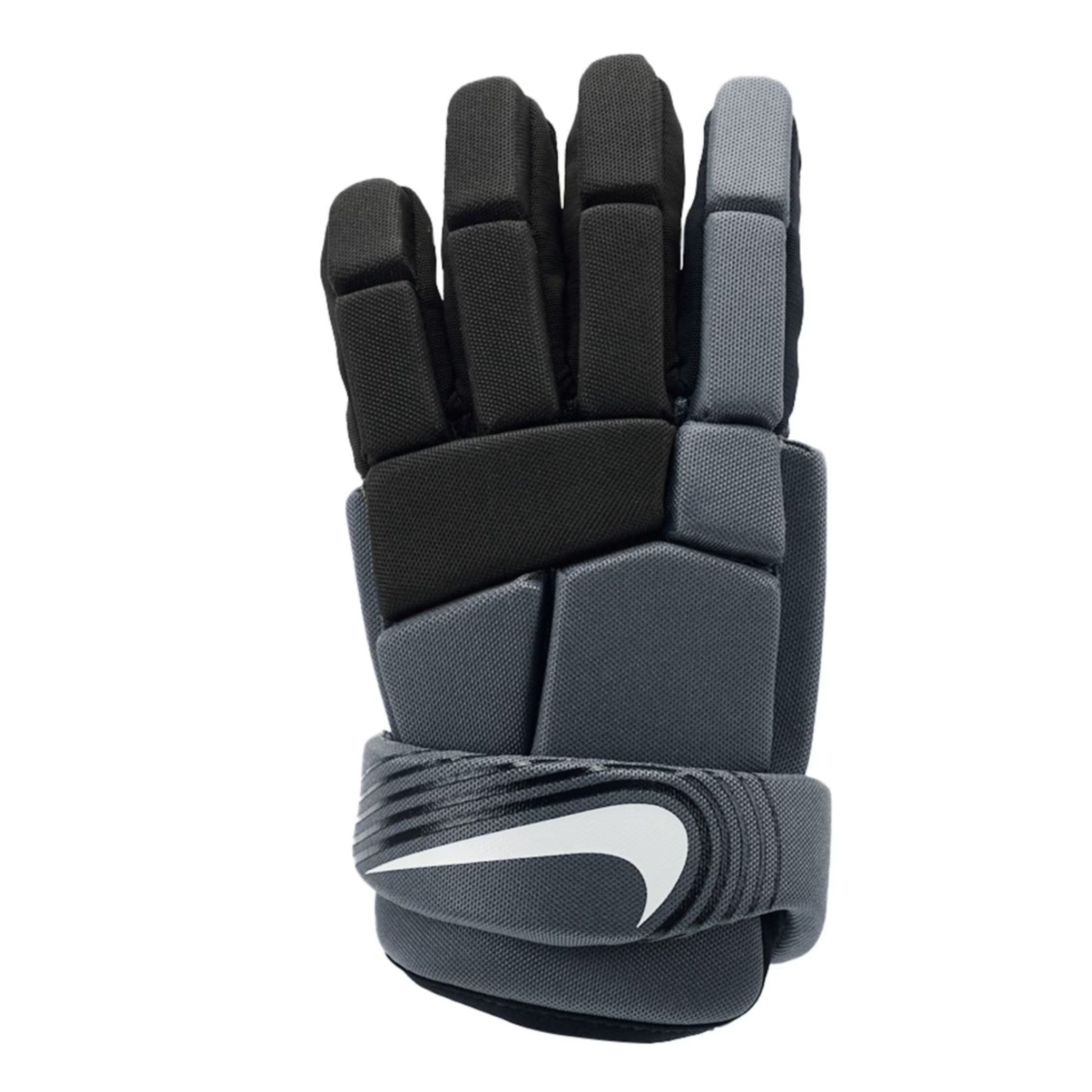 A photo of the Nike Vapor LT Youth Lacrosse Gloves in colour grey and black with a white Nike check.