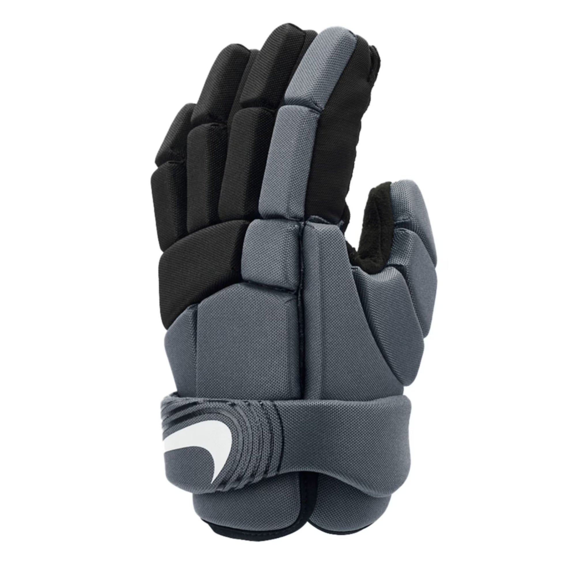 A photo of the Nike Vapor LT Youth Lacrosse Gloves in colour grey and black with a white Nike check.