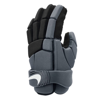 A photo of the Nike Vapor LT Youth Lacrosse Gloves in colour grey and black with a white Nike check.