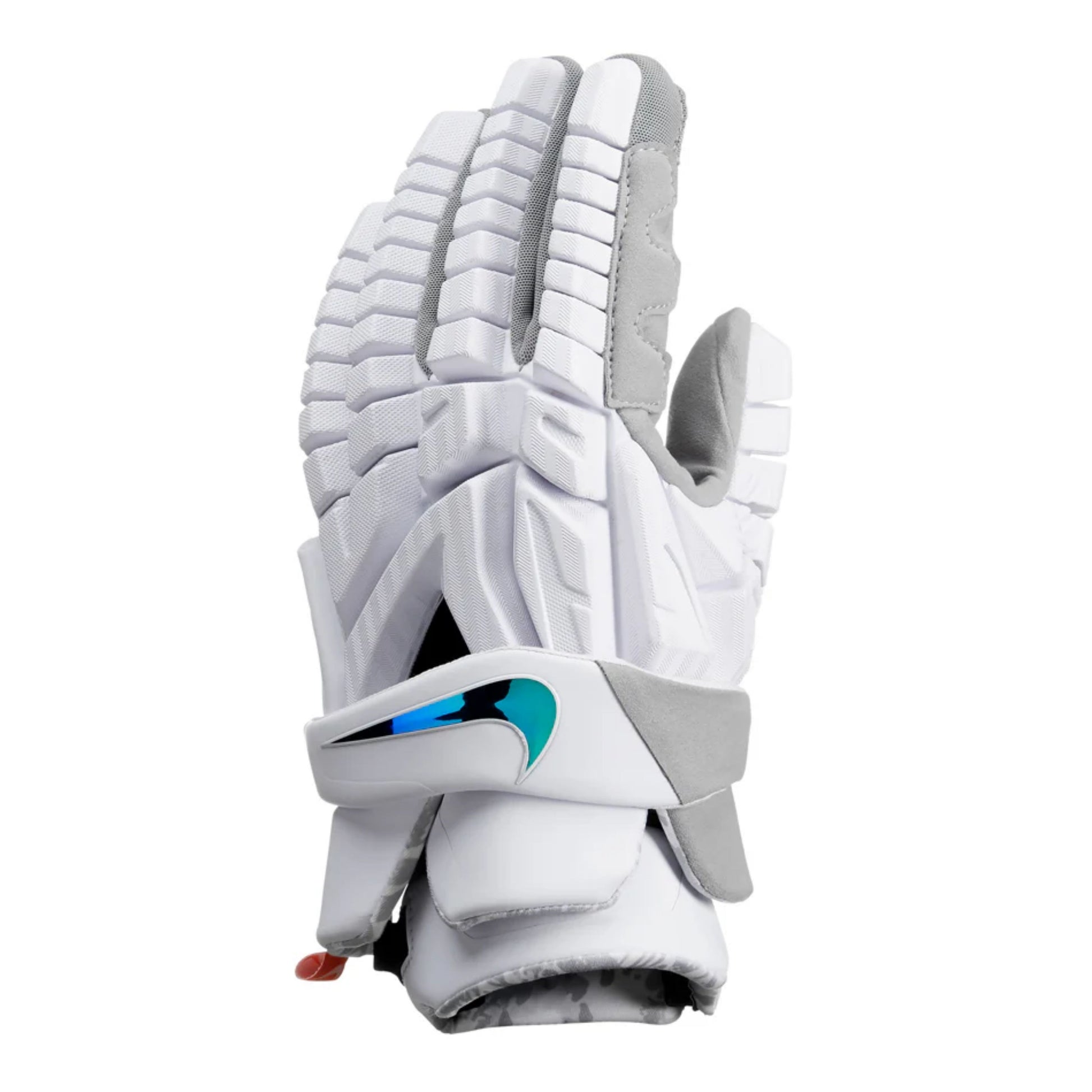 A photo of the Nike Vapor Premier Lacrosse Gloves in colour white with a blue Nike check.