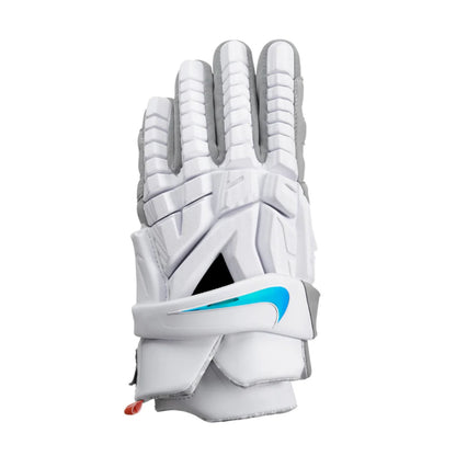 A photo of the Nike Vapor Premier Lacrosse Gloves in colour white with a blue Nike check.