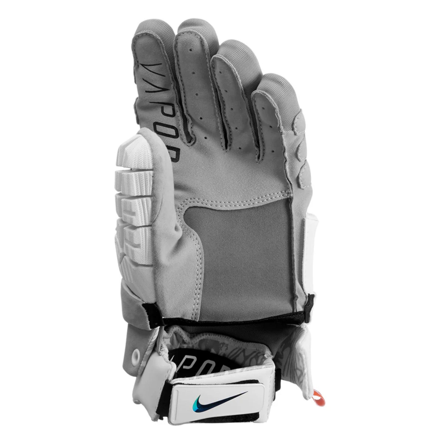 A photo of the Nike Vapor Premier Lacrosse Gloves in colour white with a blue Nike check.