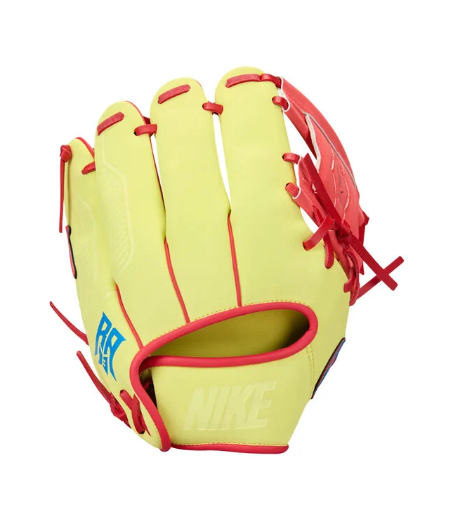 A photo of the Nike Vapor Acuna FM Youth Baseball Glove in colour yellow and red.