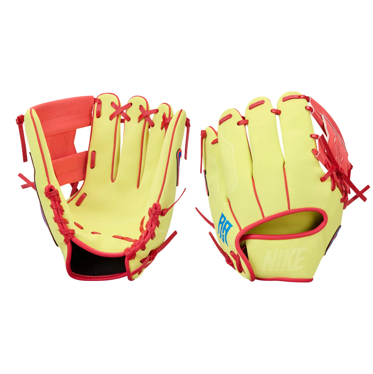 A photo of the Nike Vapor Acuna FM Youth Baseball Glove in colour yellow and red.