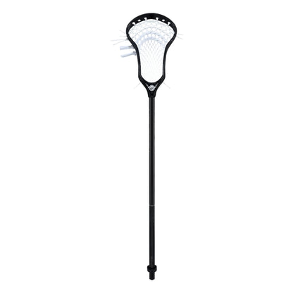 A photo of the Maverik Optik 2 Alloy Complete Lacrosse Stick in colour black with white mesh.