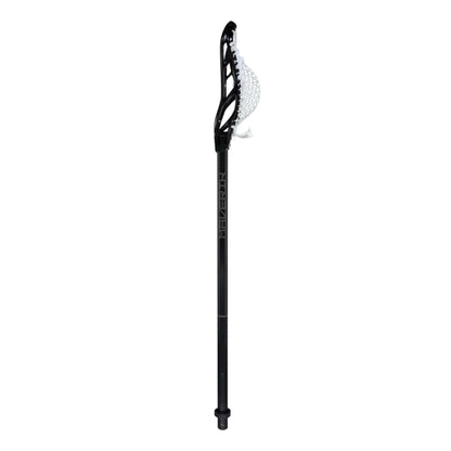 A photo of the Maverik Optik 2 Alloy Complete Lacrosse Stick in colour black with white mesh.