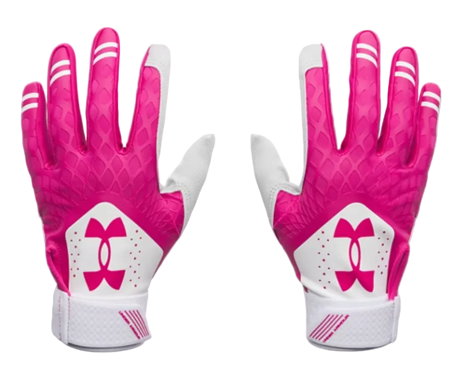 A photo of the Under Armour Glyde Kids' Batting Gloves in colour pink and white.