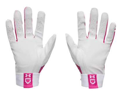 A photo of the Under Armour Glyde Kids' Batting Gloves in colour pink and white.