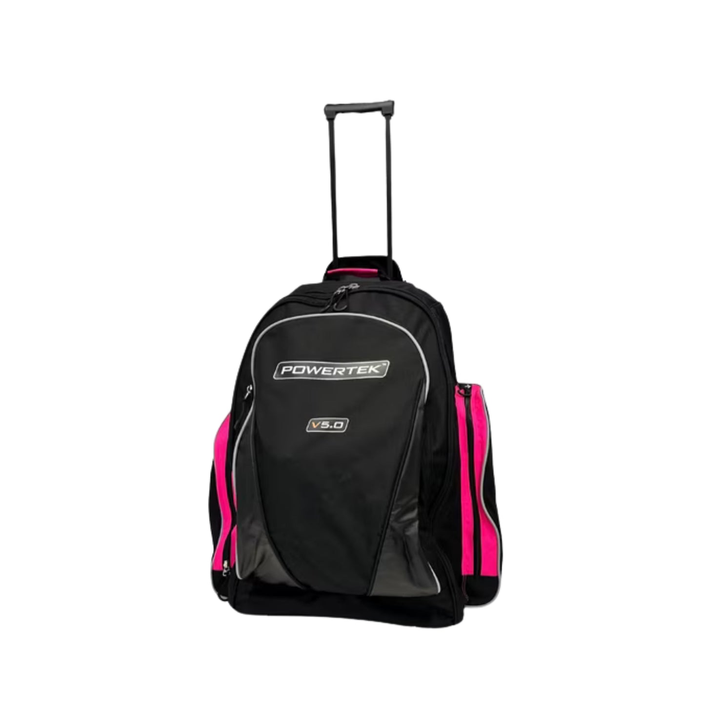 A photo of the Powertek V5.0 Rolling Backpack Bag in colour black and pink.