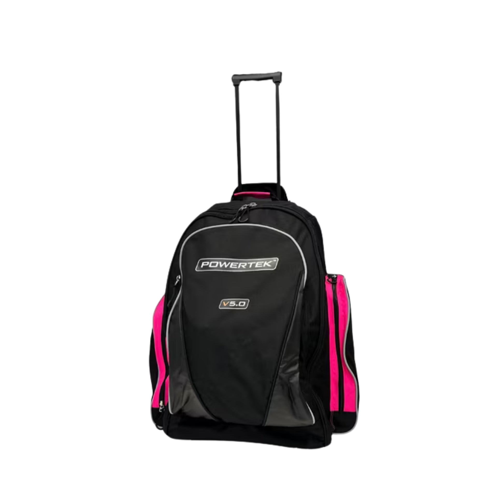 A photo of the Powertek V5.0 Rolling Backpack Bag in colour black and pink.