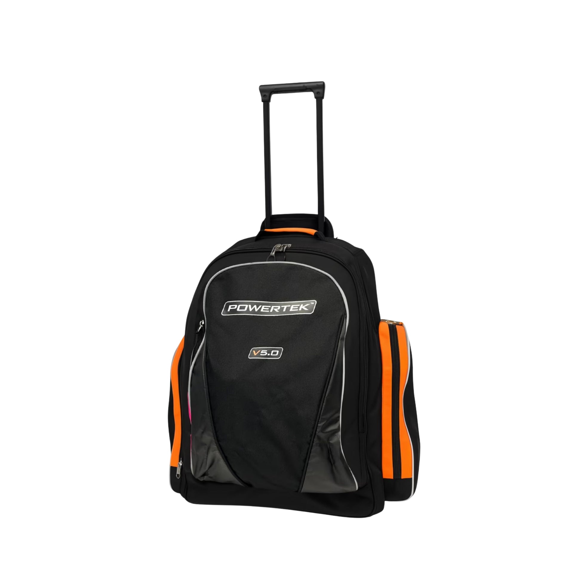 A photo of the Powertek V5.0 Rolling Backpack Bag in colour black and orange.