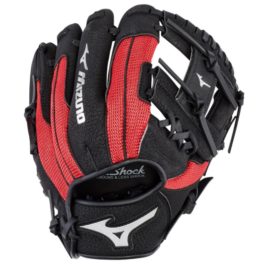 A photo of the Prospect Series PowerClose™ Baseball Glove 10". Back of the RHT glove in colours black and red.