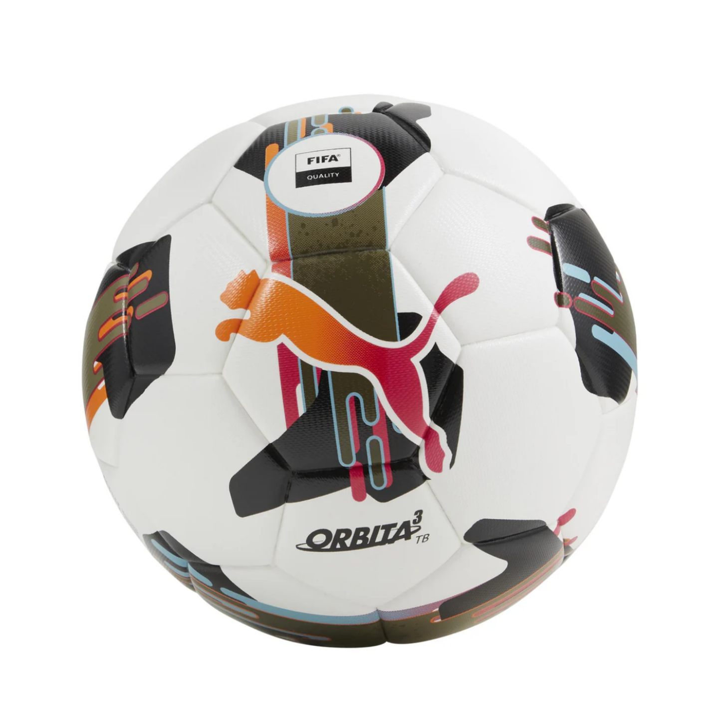 A photo of the Puma Orbita 3 TB Soccer Ball (Fifa Quality) in multicolour white, black and red.