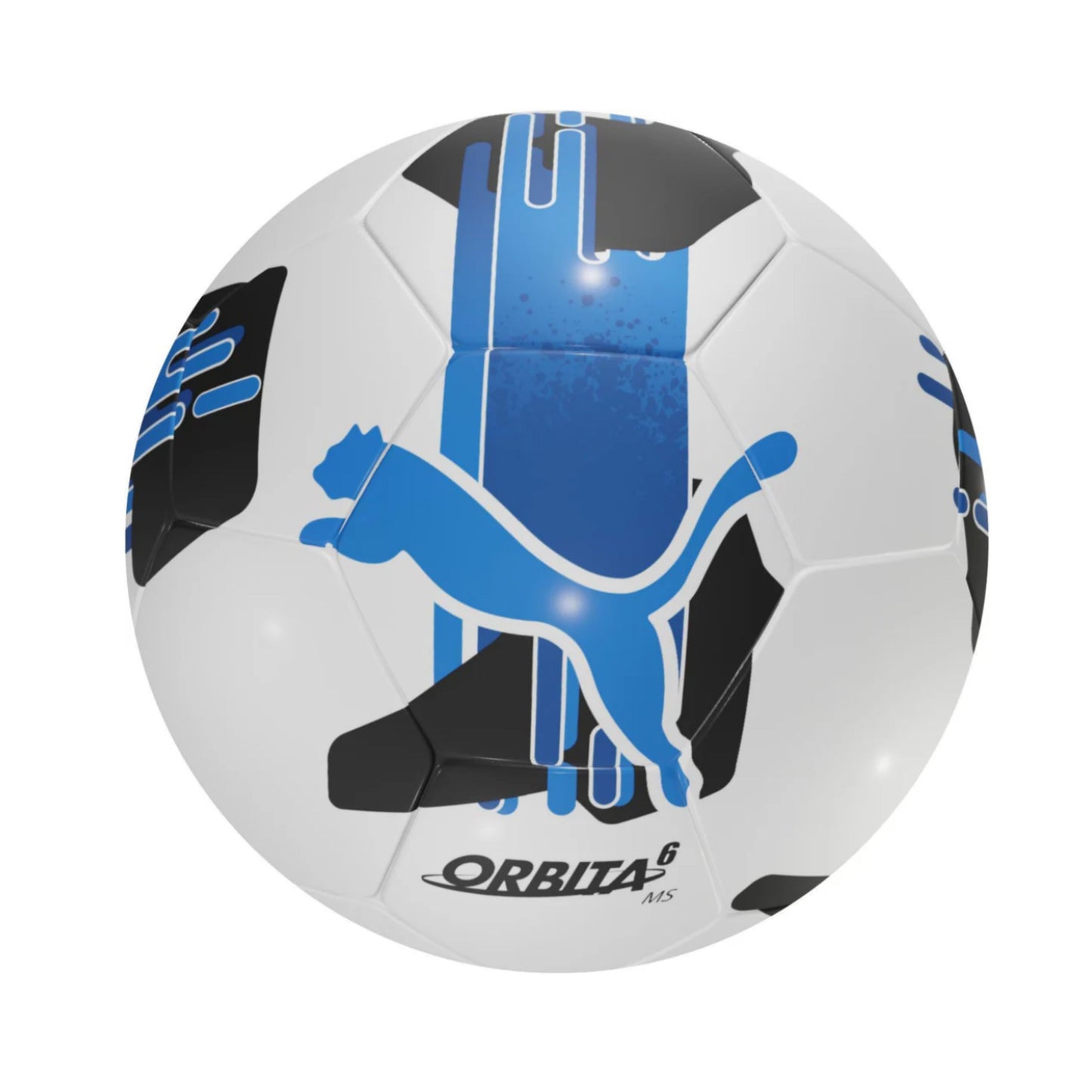 A photo of the Puma Orbita 6 Soccer Ball in colour blue, black and white.