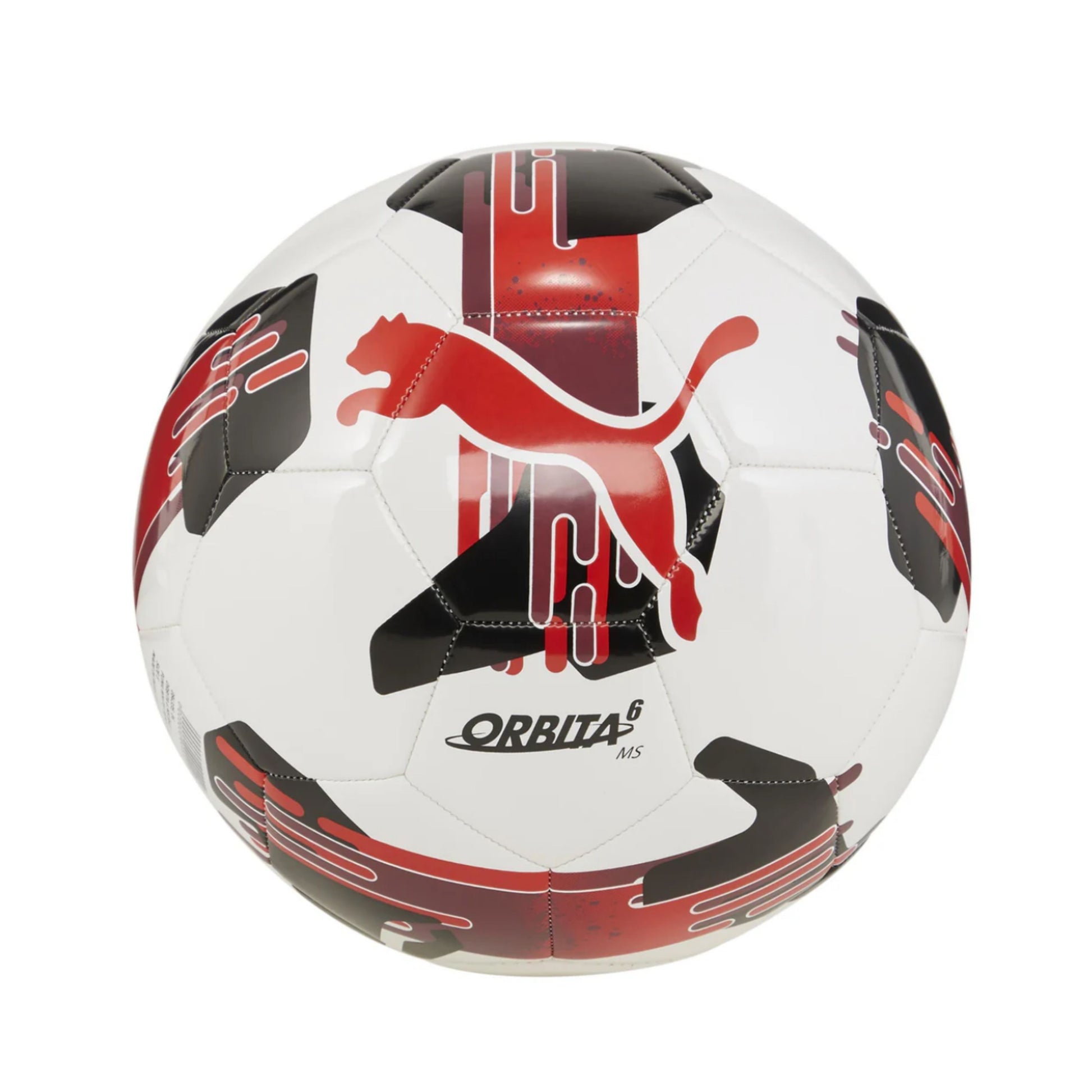 A photo of the Puma Orbita 6 Soccer Ball in colour red, black and white.
