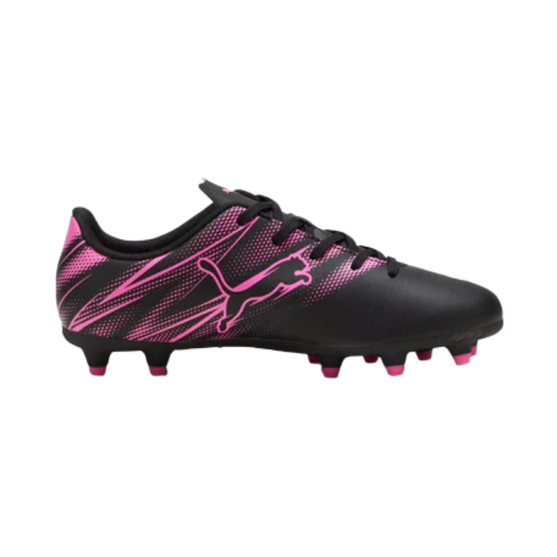 A photo of the Puma Attacanto FG/AG Youth Soccer Cleats in colours black and pink.