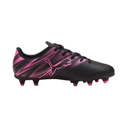 A photo of the Puma Attacanto FG/AG Youth Soccer Cleats in colours black and pink.