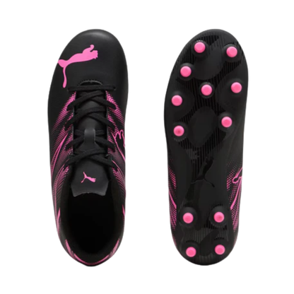 A photo of the Puma Attacanto FG/AG Youth Soccer Cleats in colours black and pink.